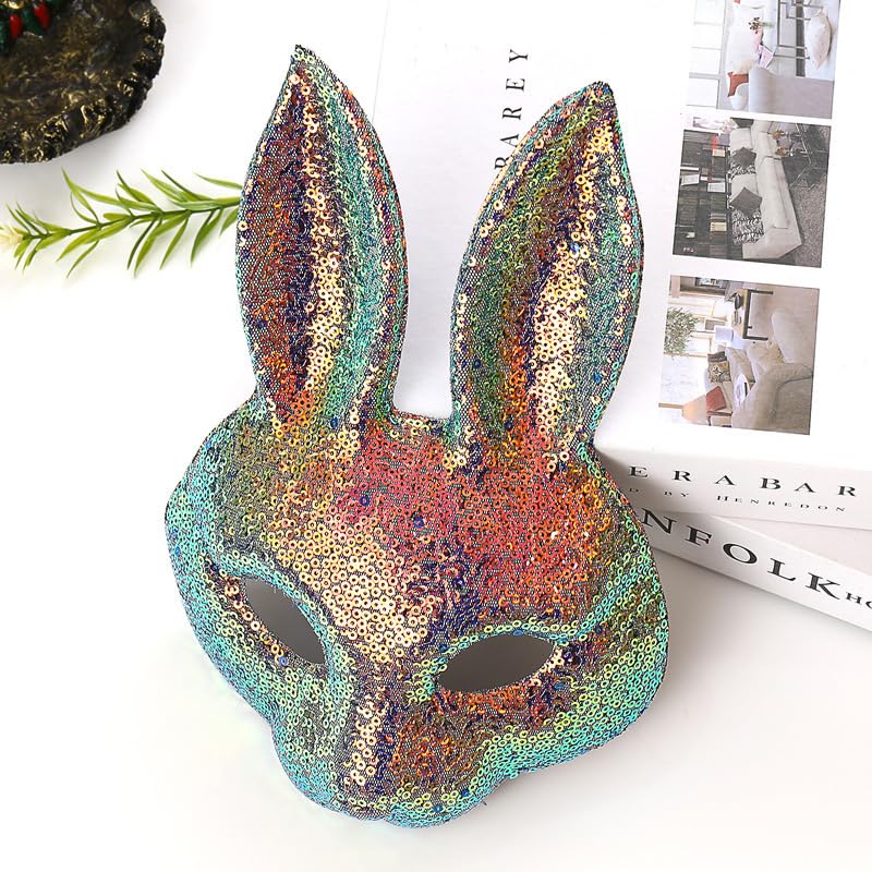 Hosfairy 1Pcs Hallween Animal Rabbit Mask Rabbit Ears Mask Sequin Rabbit Mask for Halloween Easter Costume Party Cosplay Props