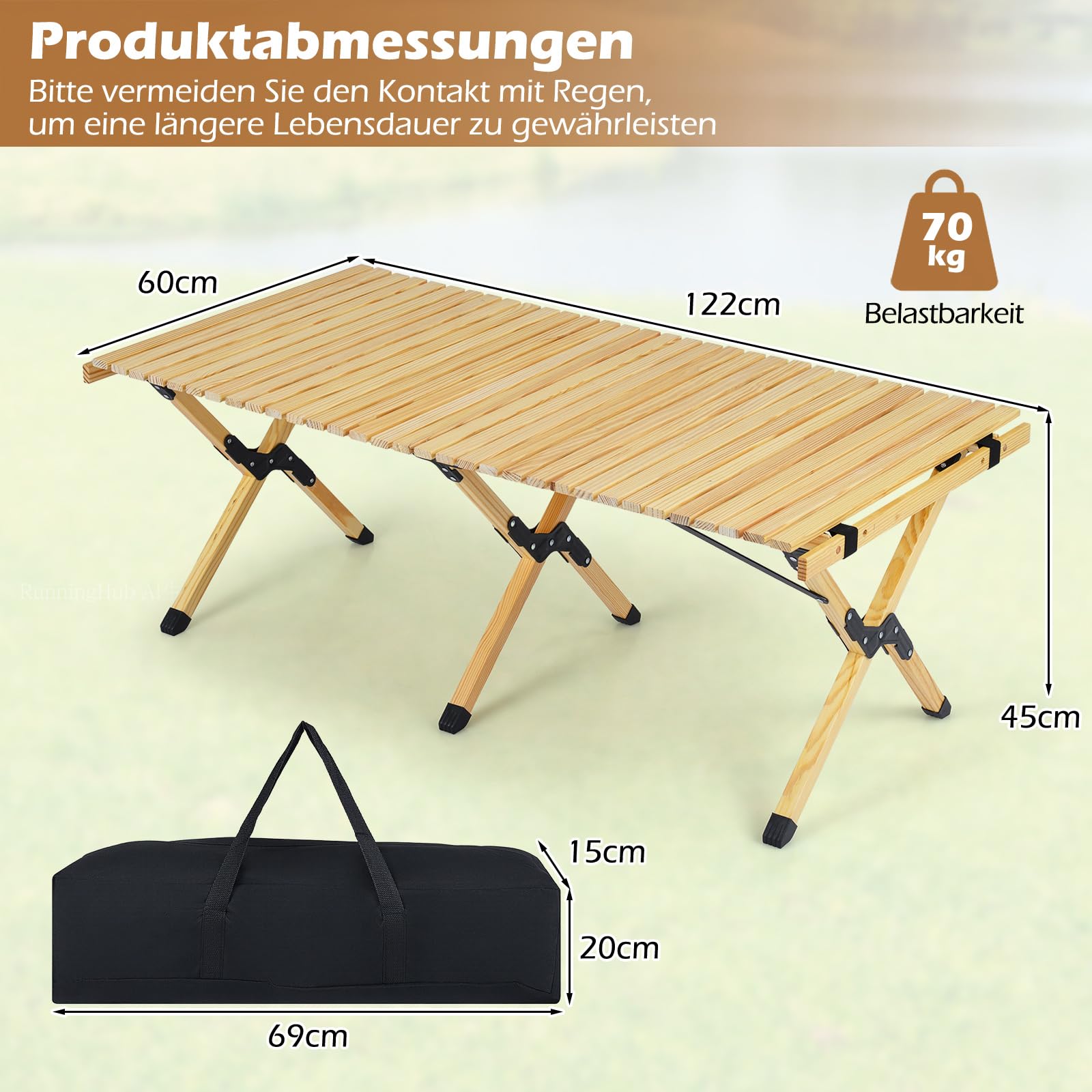 COSTWAY Campingtisch klappbar, Picknicktisch aus Holz mit aufrollbarer Tischplatte, Klapptisch für 4-6 Personen, inkl. Tragetasche, Reisetisch für Picknick, Garten & Balkon, 122 x 60 x 45 cm (Natur)