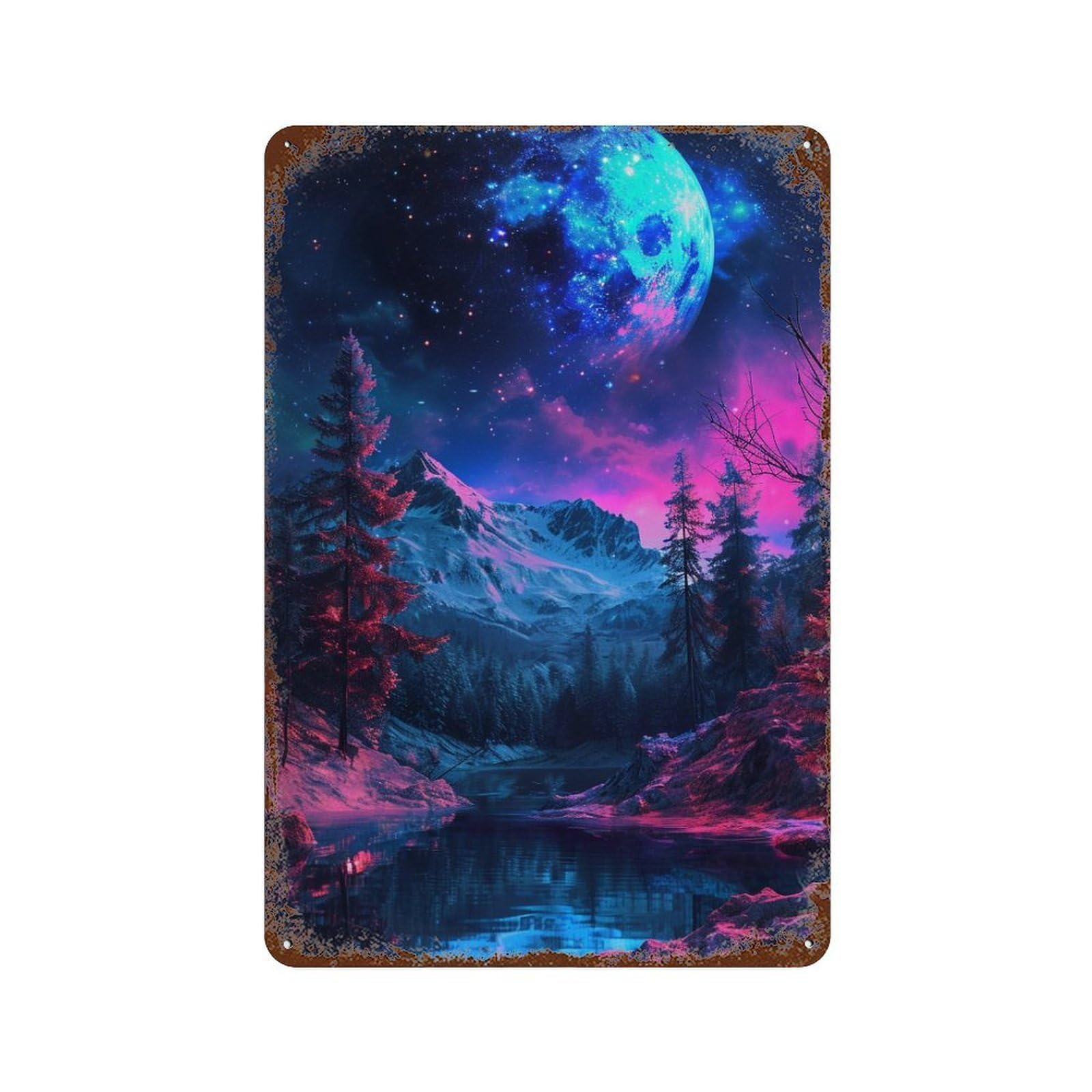 Garage Style Galactic Moonlit Forest Reflections Vintage Metal Tin Sign 11.8"x7.9", Industrial Home Decor for Bar And Workshop