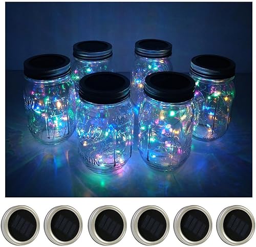 Decorman Luces solares para tapa de tarro de masón, paquete de 6 unidades, 10 luces LED impermeables con diseño de estrella de hadas y luciérnaga,