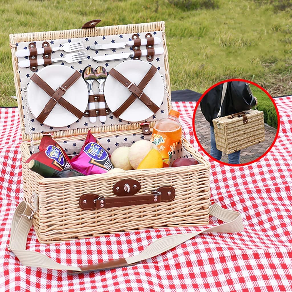 Picnic Basket Classic Picnic Basket Set for 4 Persons,Willow Picnic Basket Handmade Natural Wickerr Basket with Tableware Set for Outdoor Picnic Or Camping. Perfect Thoughtfu (B 46x31x20cm)
