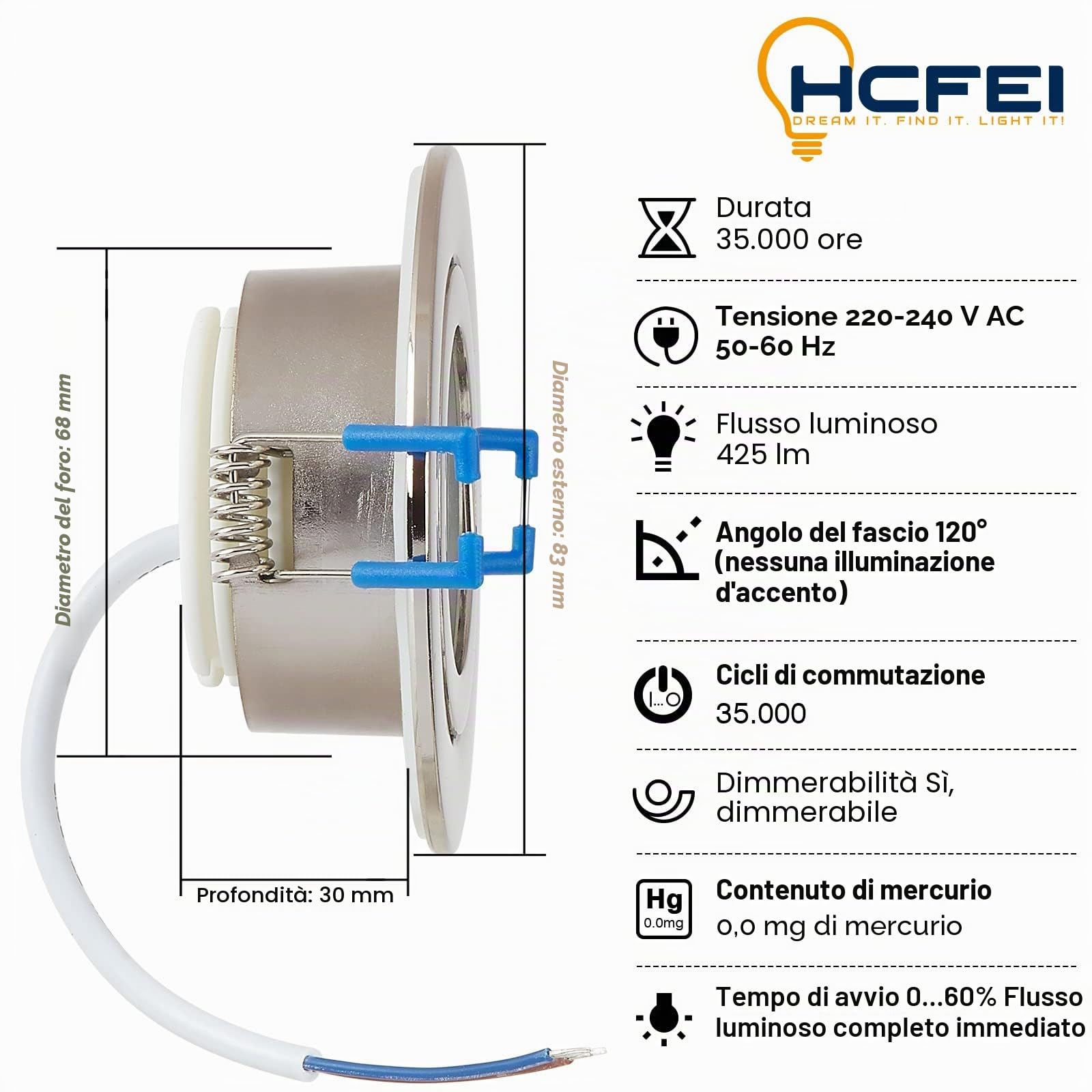 HCFEI Set di 6 faretti a LED da incasso, rotondi, 5 Watt, dimmerabili, luce bianca calda, 3000 K, 230 V, IP44, adatti per bagno, cucina, foro di foratura Ø 60-70 mm, angolo di diffusione di 120°