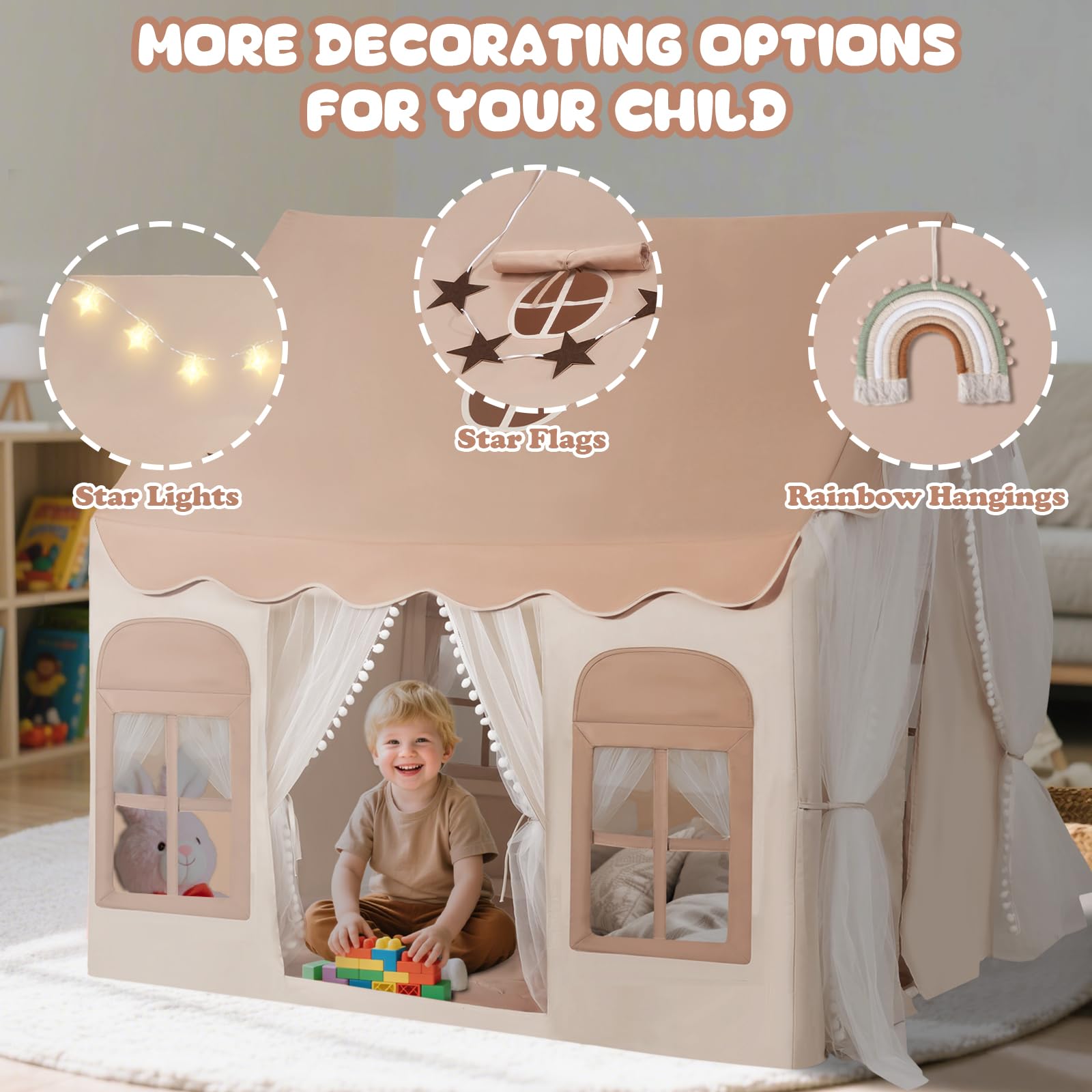 snookids Tienda para niños - Casa de Juego Interior con Alfombra, Luces, Colgantes de arcoíris y Bandera Estrellas, Tienda Juego para la decoración de la habitación niños y niñas