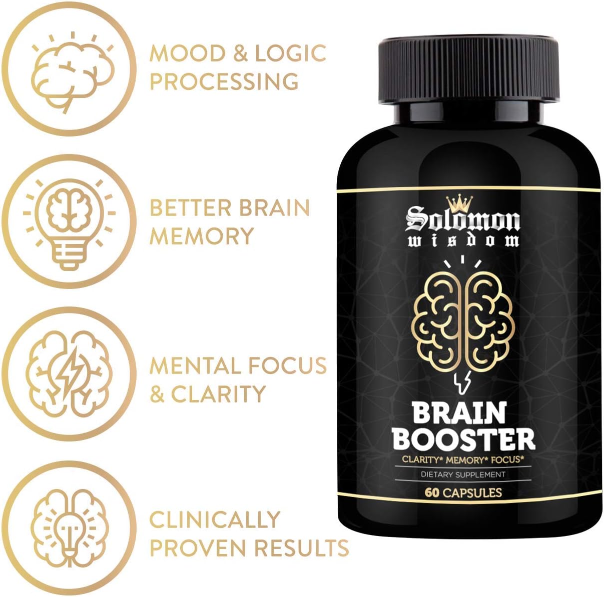SOLOMON WISDOM Brain Booster – Nootropic Dietary Supplement for Memory Boost – 60 All-Natural Capsules to Enhance Focus & Improve Concentration & Clarity