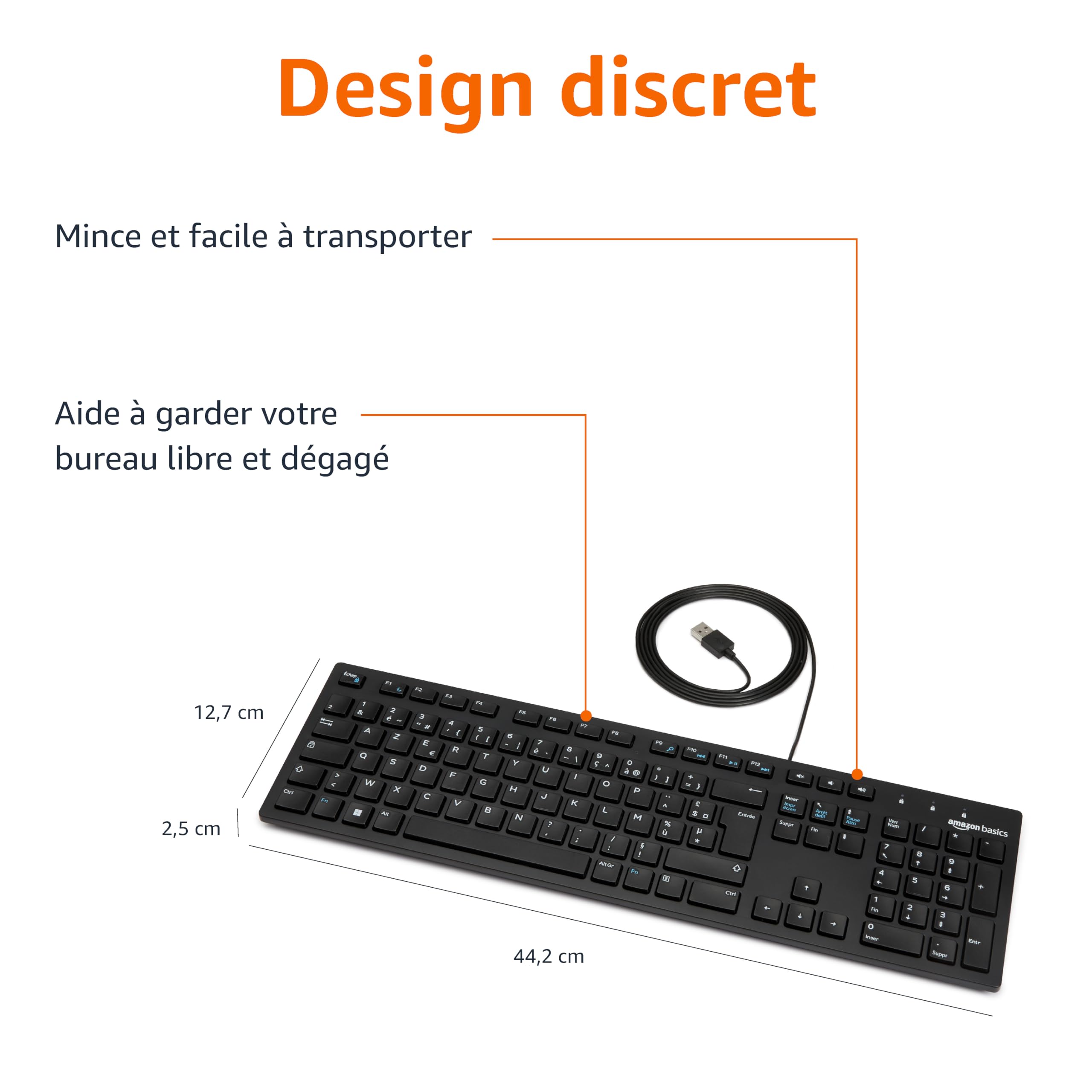 Amazon Basics Clavier USB filaire discret disposition française noir mat