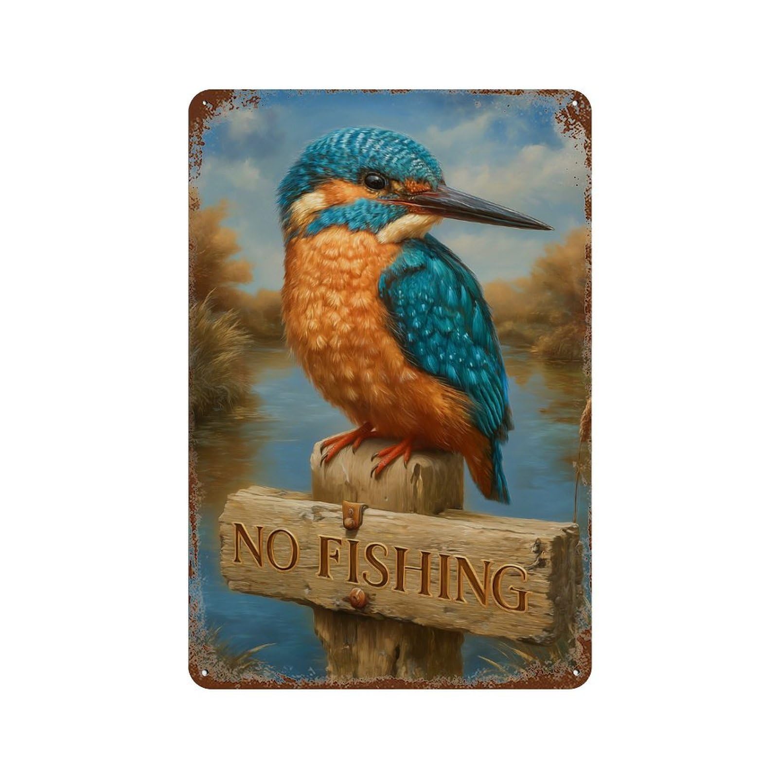 Kingfisher - No Fishing Aged Metal Wall Plaque 11.8"x7.9", Industrial Home Decor for Garage, Pub Or Kitchen