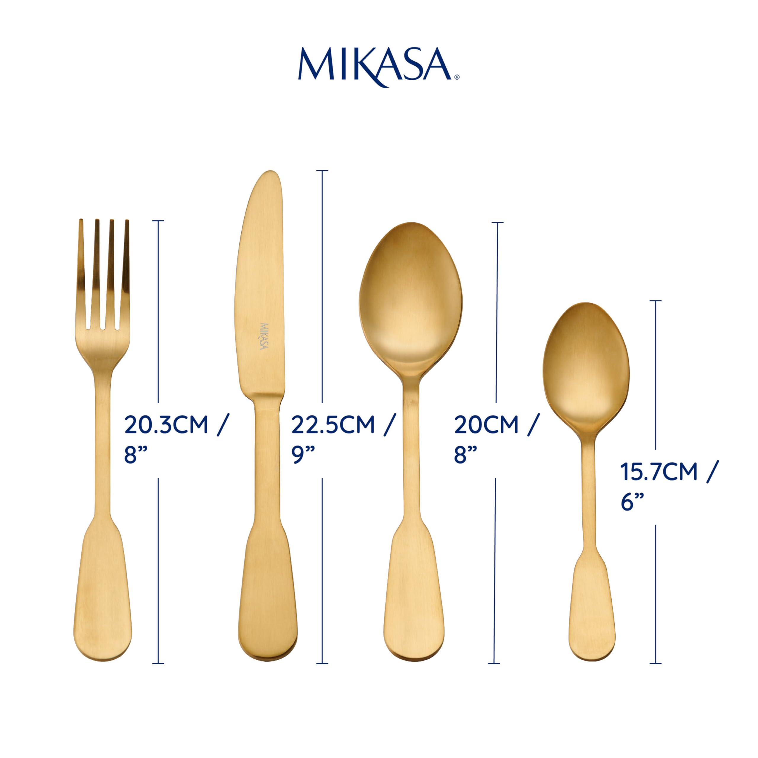 Mikasa Soho Gold 16pc Edelstahl Besteck Set, Gold Besteck Set für 4 | Enthält 4x Messer, 4x Gabeln, 4x Dessertlöffel und 4x Teelöffel - Spülmaschinenfest