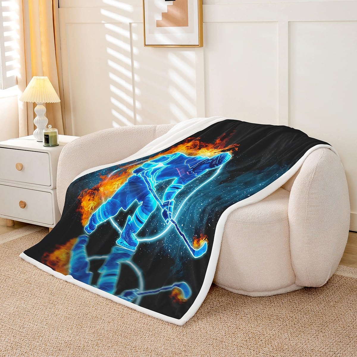 Ice Hockey Flannel Blanket Hockey Player Sherpa Blanket Competitive Game Plush Blanket Winter Sport Bed Blanket Ice and Fire Flannel Blanket Galaxy Geometric Plush Blanket, Blue Twin 60"x80"