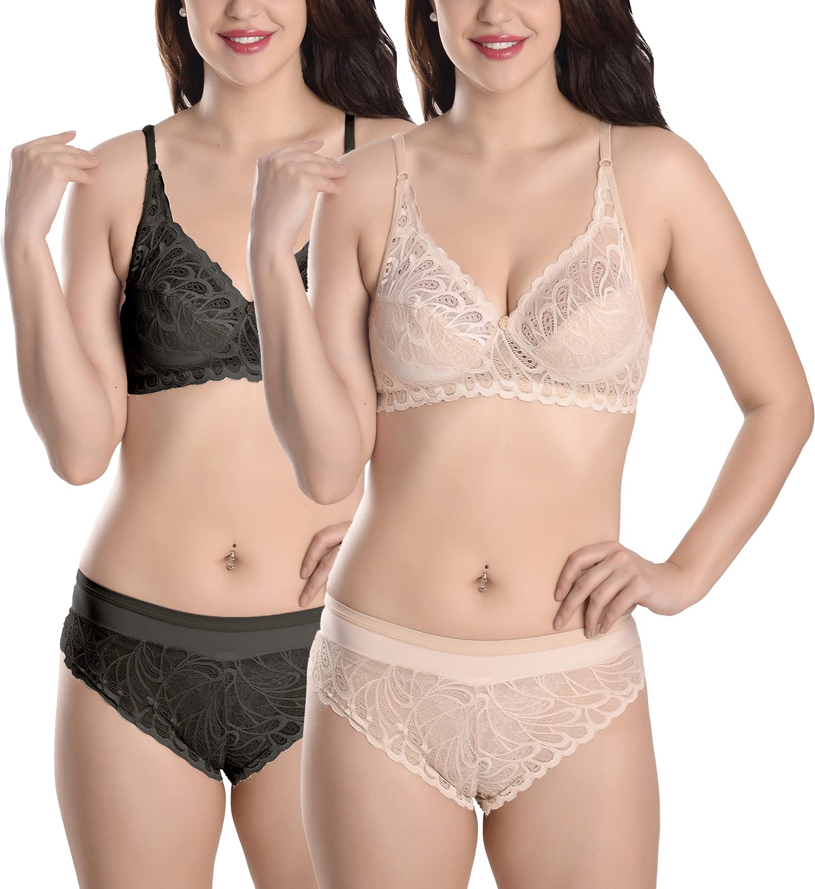 fims - fashion is my style Soft Lycra Stretchable Bra Panty Set for Women, Non-Padded, Non-Wired, Seamed, Floral Print, Full Coverage, Lingerie Set, Black Beige, Cup-B, Pack of 2, Size- 34-picture-36