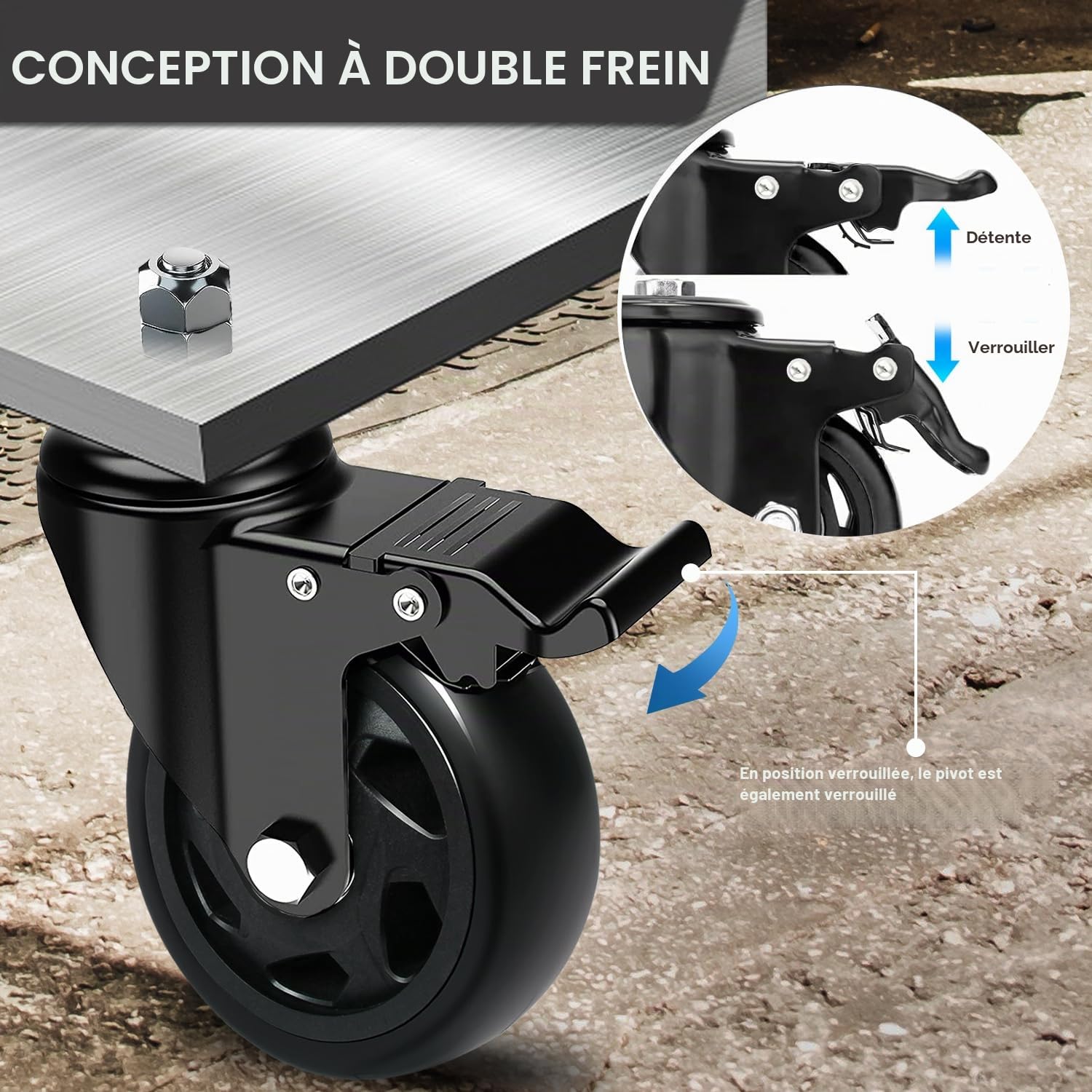 Roulette Charge Lourde avec Frein, 125MM Roulettes pour Meubles avec Tige Fileté M10x30mm Roulette Pivotantes À 360 Degrés, pour Tous Les Sols, 4 PU Roulettes Jusqu'à 650KG