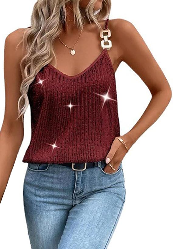 Zyyfly Women's Sparkle Sequin Tank Top – V-Neck Strappy Camisole In Burgundy (XX-Large) - View #12