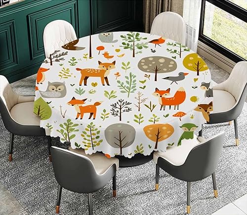 Miniatura 3 de IBILIU Mantel redondo de animales, árboles, pájaros, zorros, búhos, conejos, ciervos, mapaches, setas, naranja, amarillo, mantel circular para