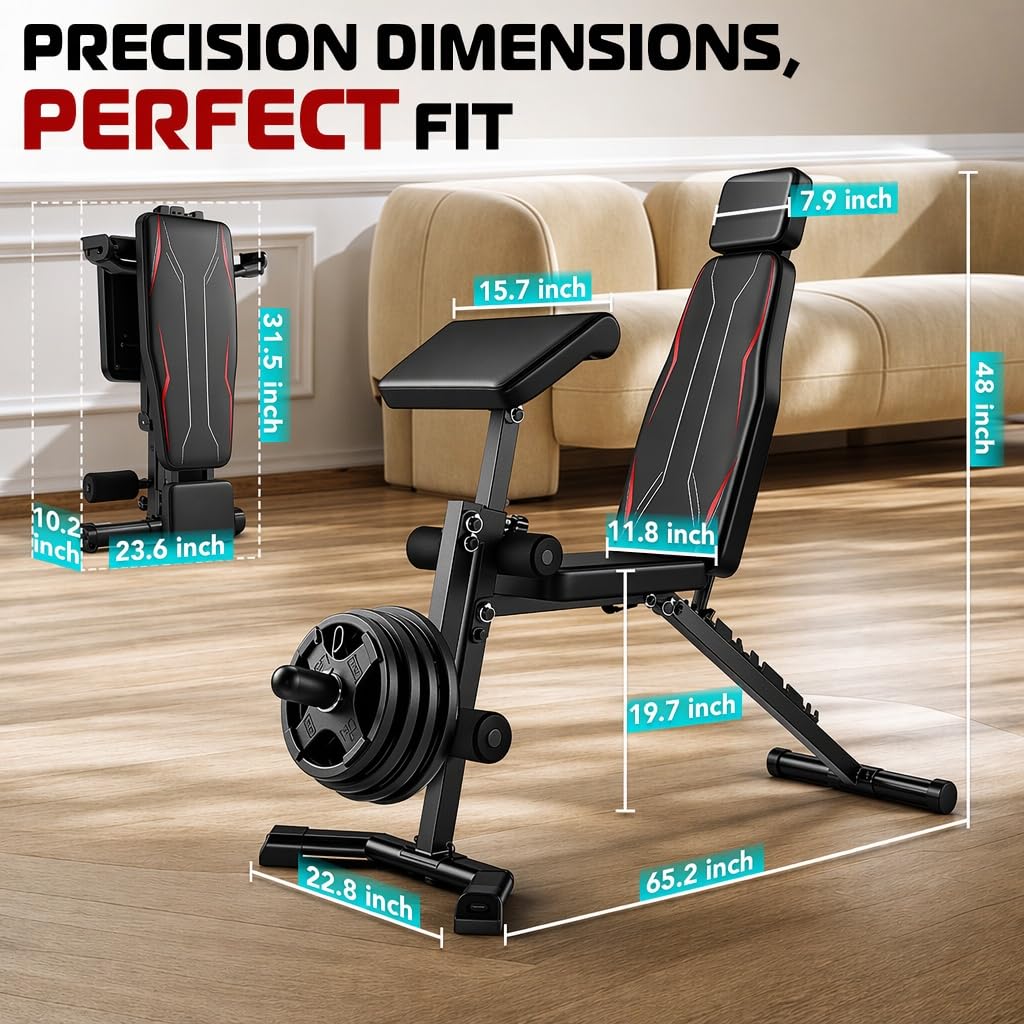 OPPSDECOR Adjustable Weight Bench, 800 LBS Foldable Workout Bench with Leg Extension & Preacher Curl, Extended Headrest, Incline Decline Flat, Heavy Duty Bench Press for Home Gym Strength Training