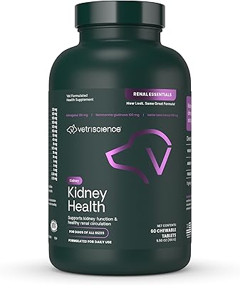 VetriScience Kidney Health Chewable Tablets, Renal Essentials Supplement for Dogs, Urinary Tract and Kidney Support with Mushroom, Astragalus Root, Nettle Seed and Herbs, Smoke, 60 Count