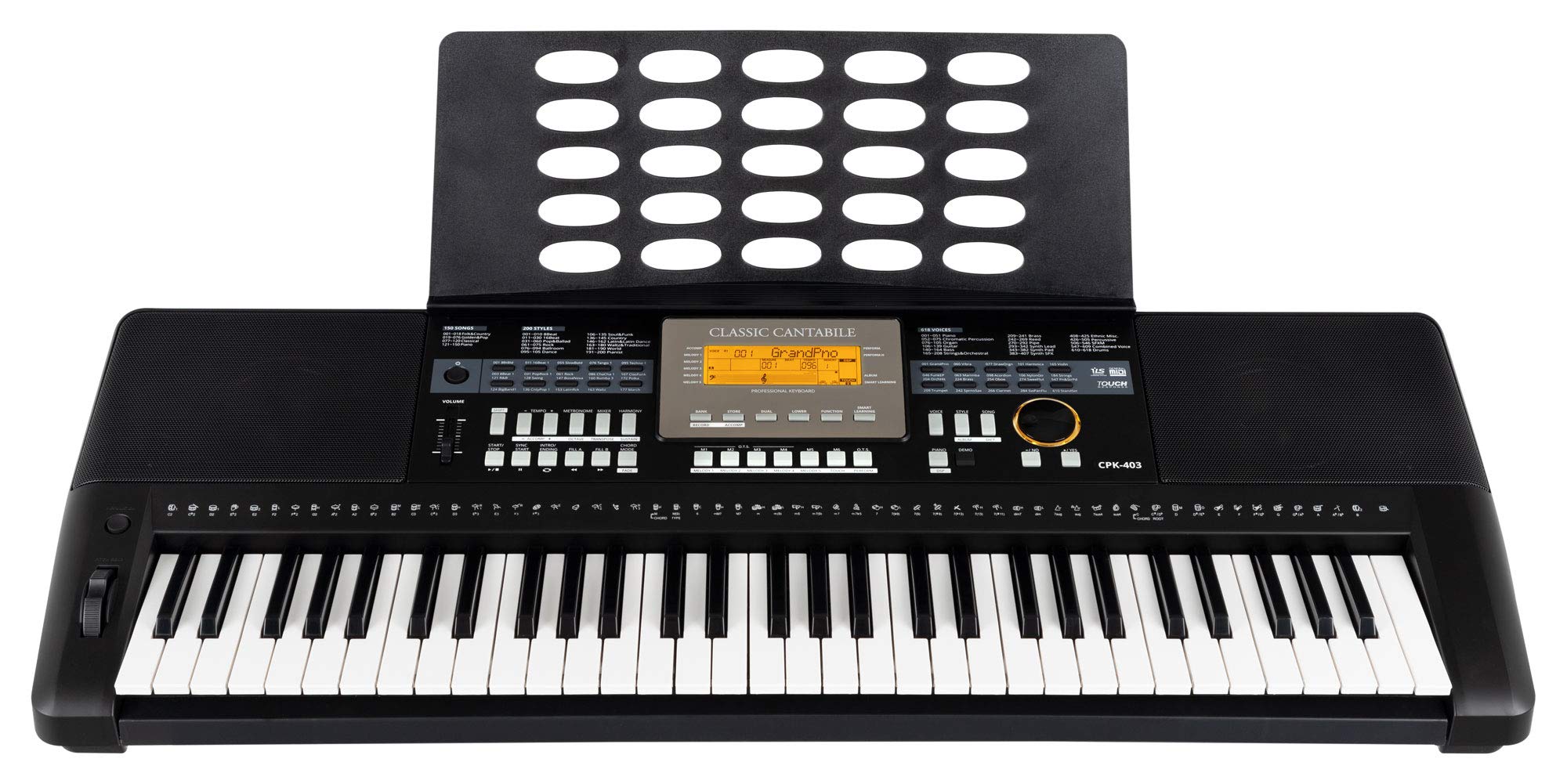 Classic Cantabile CPK-403 Keyboard Deluxe Set - 61 Tasten mit Anschlagdynamik - 618 Klänge und 200 Begleitrhythmen -inkl. Ständer, Bank, Tasche, Kopfhörer und Keyboardschule - schwarz