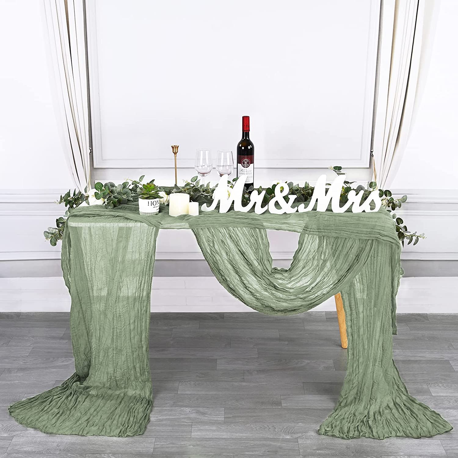 Tischläufer aus rustikalem Gaze-Seide, 90 x 300 cm, für Hochzeiten, Boho-Tischdecke in Salbeigrün, für Brautpartys, Feiertagspartys, 10 Stück (weiß, 10 Stück, 300 x 90 cm)