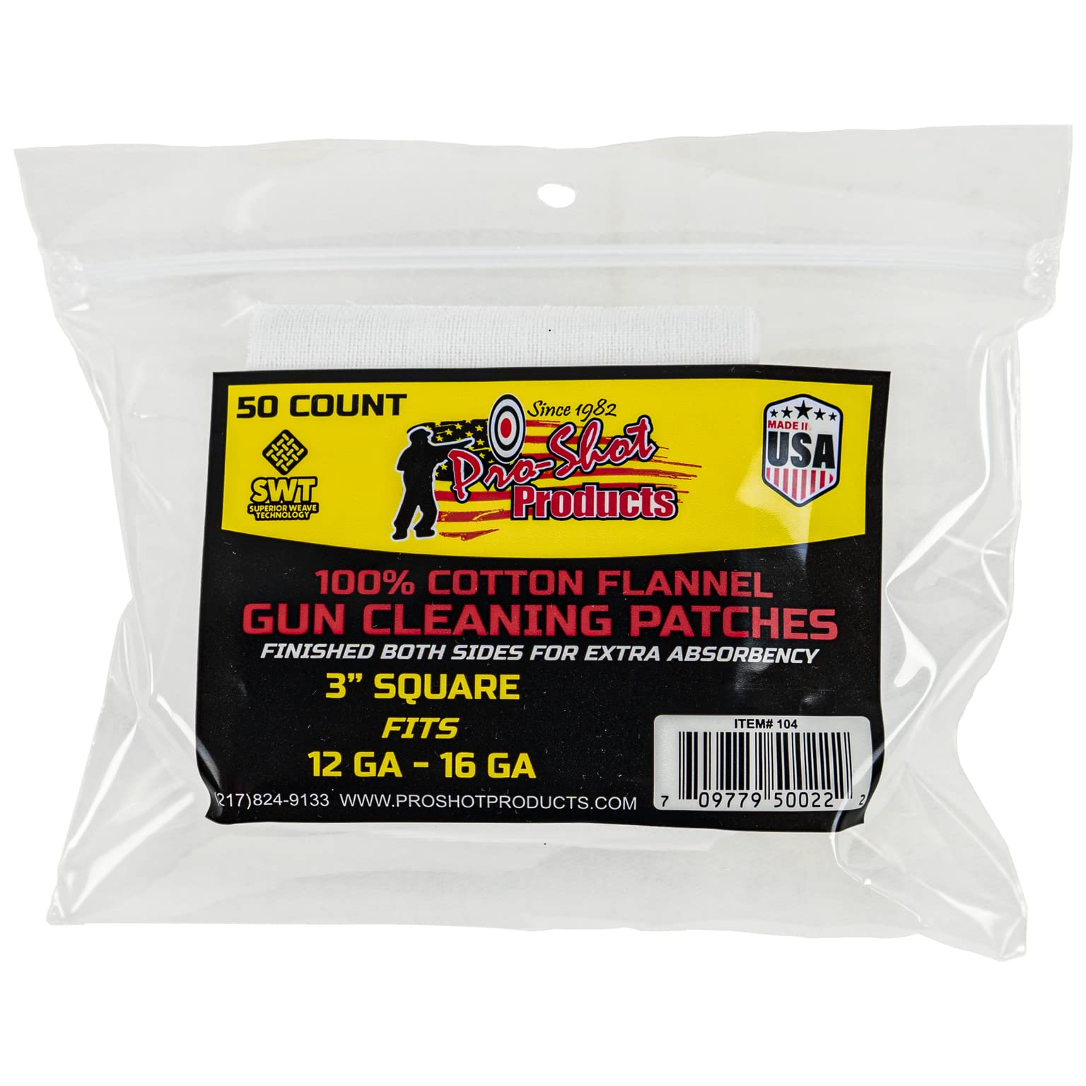 Pro-Shot Premium Gun Cleaning Patches – 100% Cotton Flannel, Superior Weave Technology, Double-Napped for Maximum Absorbency – Lint-Free, Solvent Ready, Caliber Fits - Made in USA