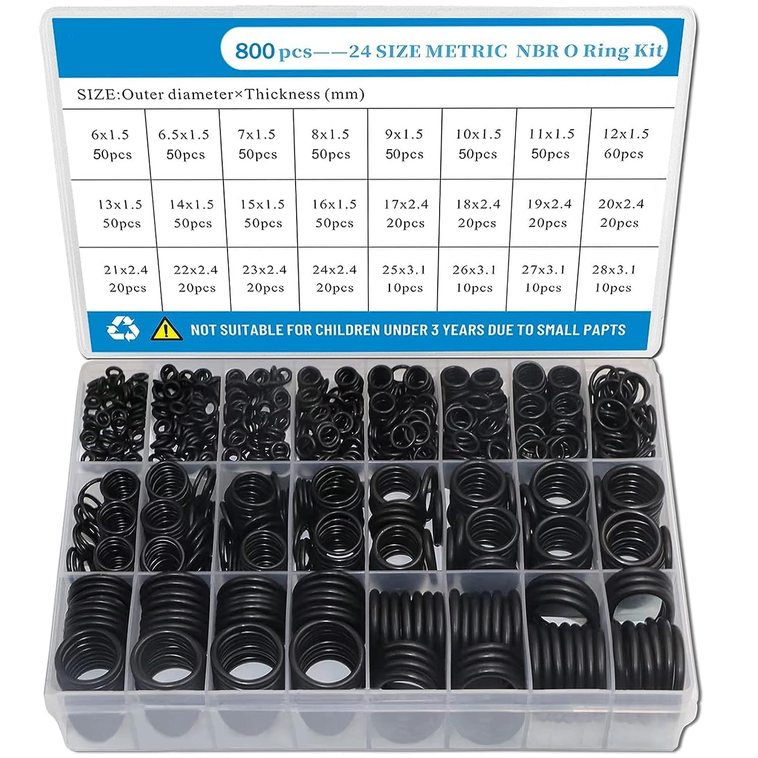 ExceforeRubber O Ring Set, 24 Size 800 PCS Black Small O Rings Assortment Kits, Assorted Metric Sealing Washer for Automotive Faucet Pressure Plumbing Sealing Repair, Air or Gas Connections and Heat