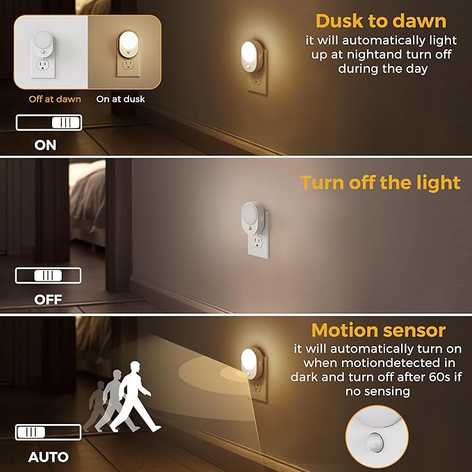L LOHAS LED L LOHAS LED Motion Sensor Night Light,[2-PACK] Night Lights Plug into Wall,Motion Sensor and Dusk to Dawn Sensor,3000K Soft White,30/60/100lm Brightness Dimmable,Nightlight for Bathroom Hallway photo 6