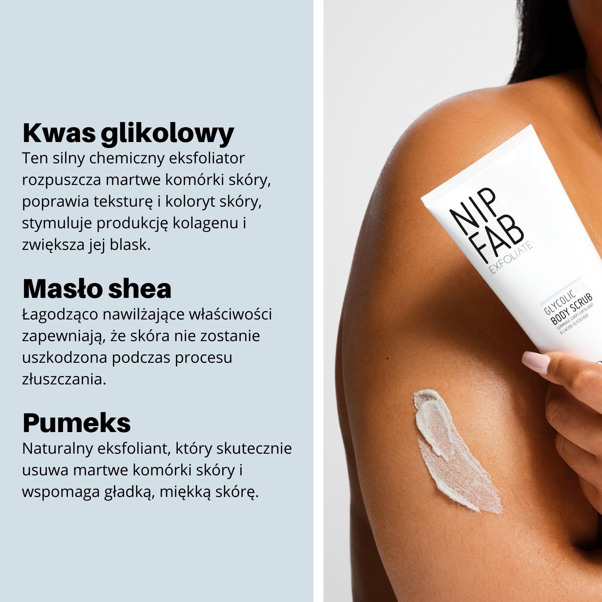 Nip+Fab Glycolic Fix Body Scrub, peeling do ciała, peeling, gładka i promienna skóra, masło shea, białe perły rycynowe, 200 ml