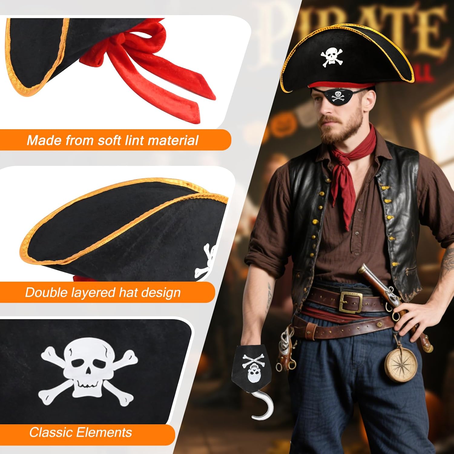 6 Pcs Pirate Costume Accessory Set, Black Captain Hat with Skull Emblem, Red Headband, Eyepatch & Hook Props for Halloween Theme Party - Image 4