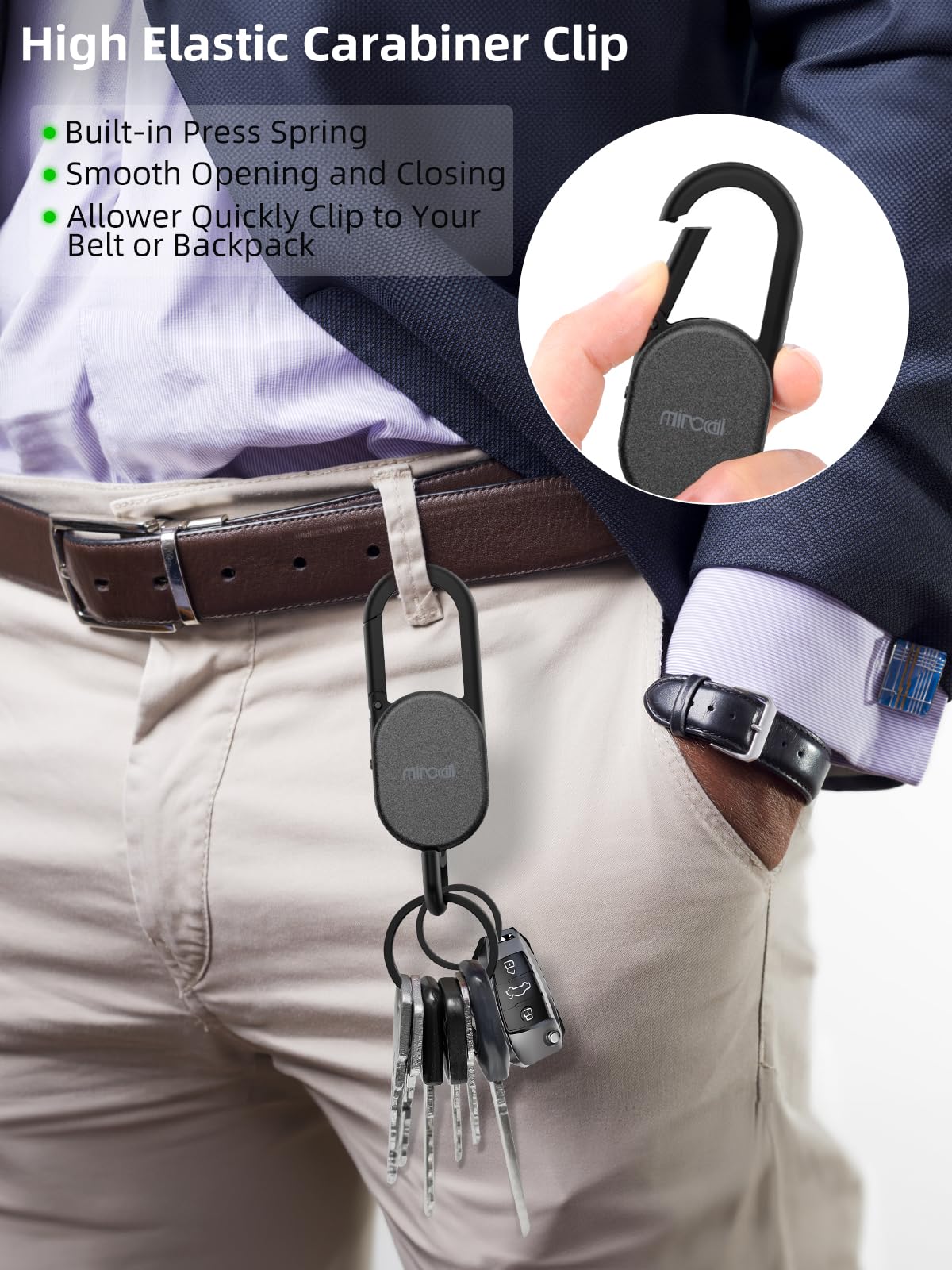 Miroddi Llavero con rastreador de llaves, llavero para hombre, funciona con Find My App (solo iOS), mosquetón con buscador de llaves GPS, dispositivo de seguimiento de llavero de coche, rastreador de