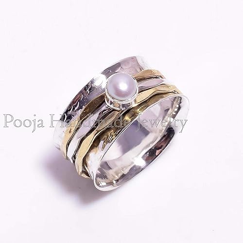 Pearl Spinner Band Ring 925 Sterling Silver Handmade Boho Pearl Band Jewelry Gift for Women & Men
