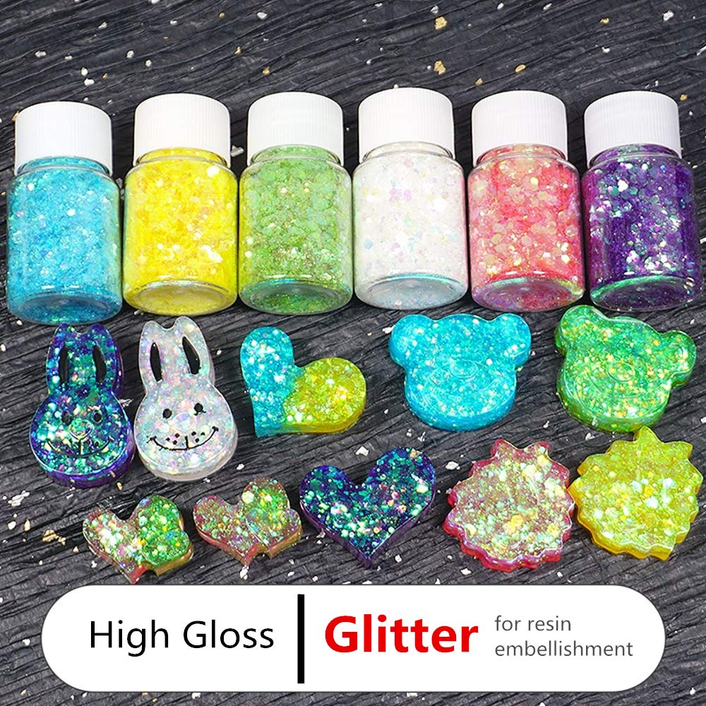 250 g kristallklares UV-Harz mit 6 x 20 g hochglänzendem holografischem Glitzer, 100 Goldfolienpapier, kein Sinkage + Mini-UV-Lampe + flüssige Pigmente Farbstoffe für DIY Harz Handwerk Harz