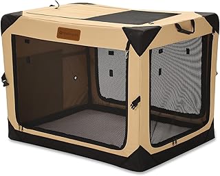 36 Inch Collapsible Soft Dog Crate for Large Dogs, 4-Door Foldable Travel Dog Kennel with Durable Mesh Windows for Indoor & Outdoor Portable Pet Crate, Soft Side Dog Crate, Beige