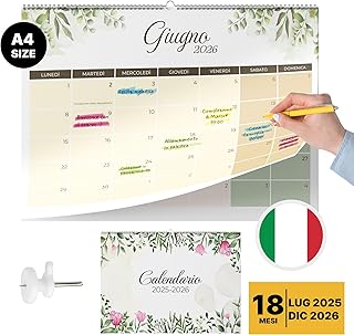Finoly Calendrier Mural Juillet 25 Décembre 26 (18 Mois) en Italien | Calendrier 2025 2026 Mural | Calendrier Mensuel 2025 | Calendrier Muraux avec Fixation (Nature)