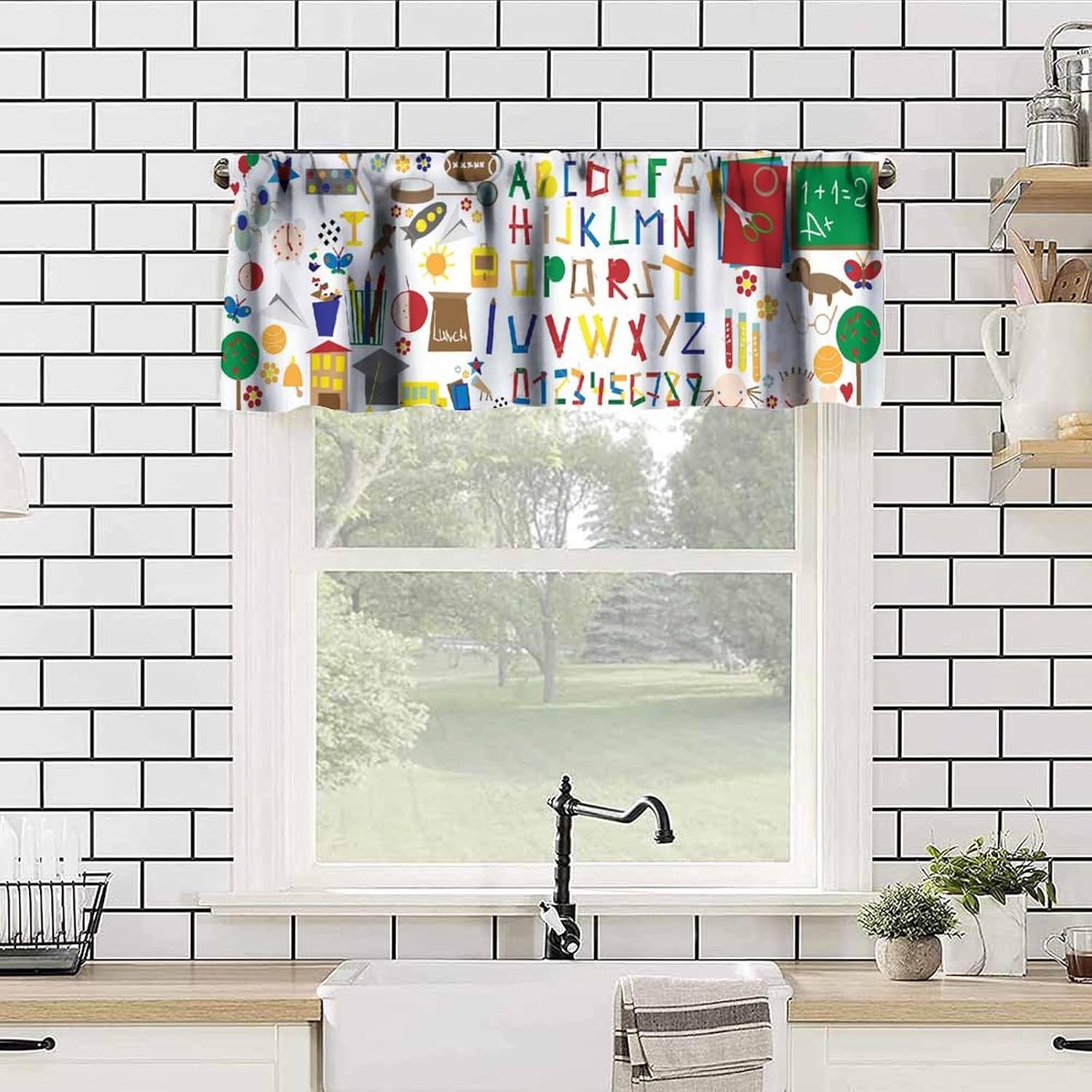 Alphabet Valances Curtain for Kids,Colorful Fun Cartoon Education Numbers Alphabet Learning Print Window Treatment Valance Rod Pocket Short Curtain for Baby Child Toddler 54x18inch