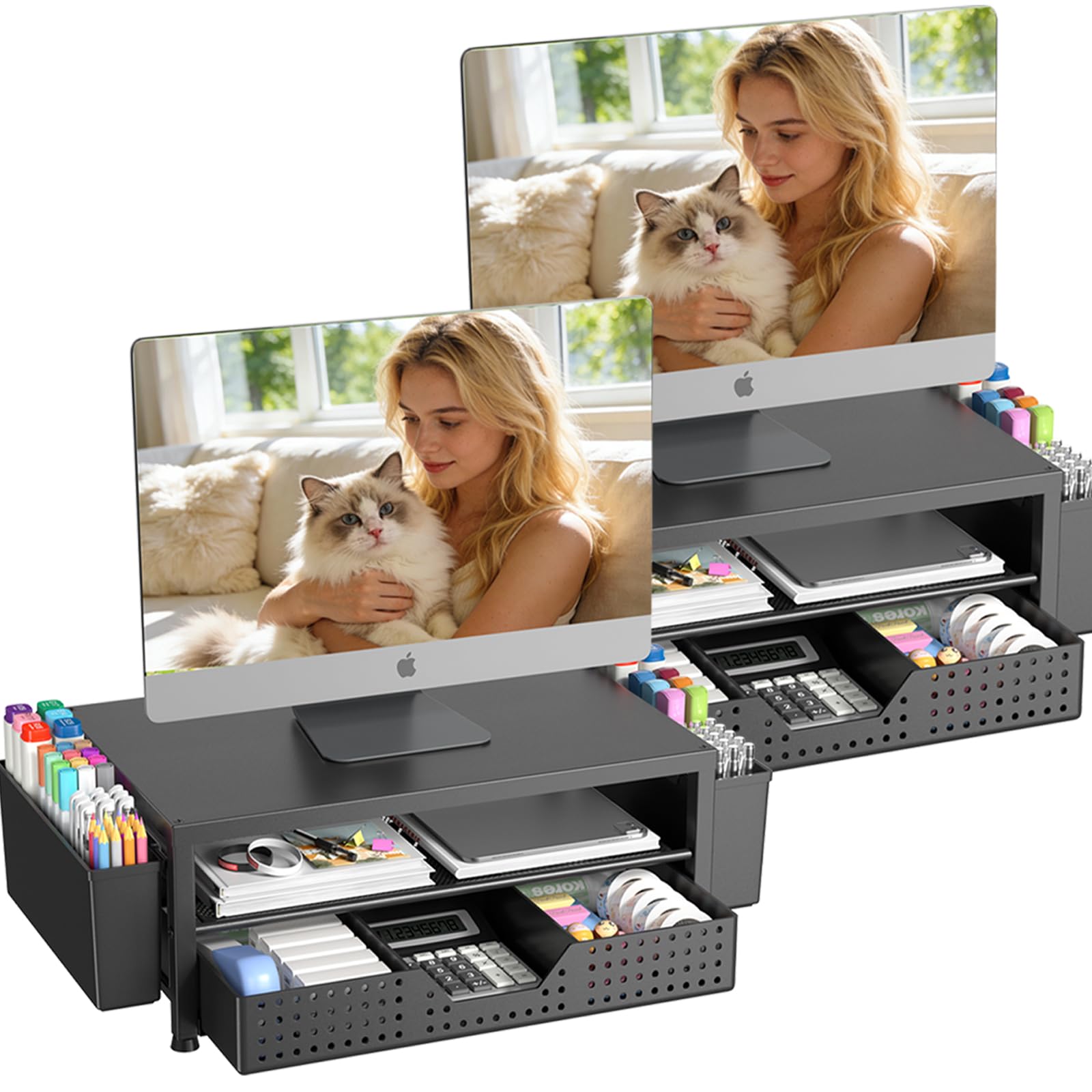 OPNICE Desk Organizers and Accessories, Computer Monitor Stand Riser with Drawer and 2 Pen Holders, Printer &amp; Laptop Stand, Office Desk Accessories &amp; Workspace Organizers for Home Office Supplies, Black 2-Pack