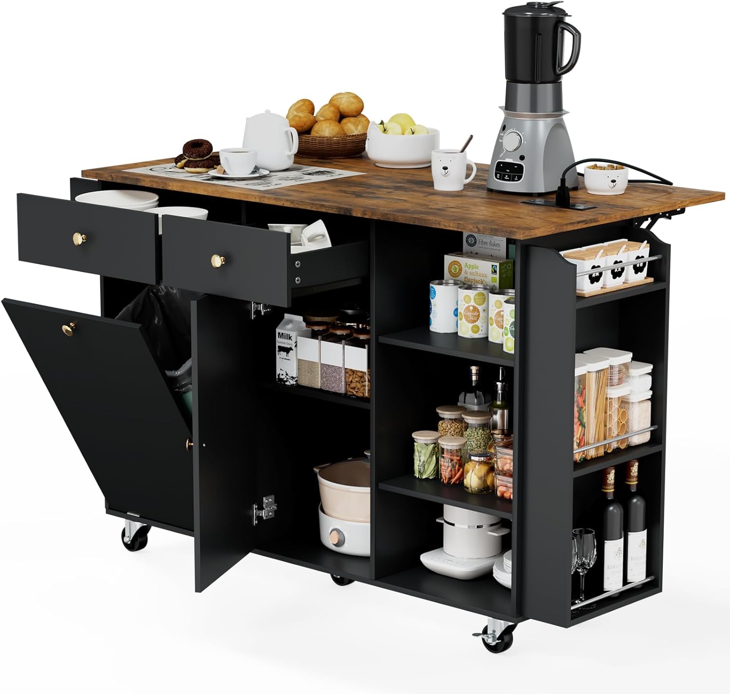 60" Kitchen Island with Folding Drop Leaf & Power Outlet-Rolling Kitchen Island with Spice Rack,Towel Rack, 2 Drawers-Island Table for Kitchen with Trash Storage Cabinet,Black