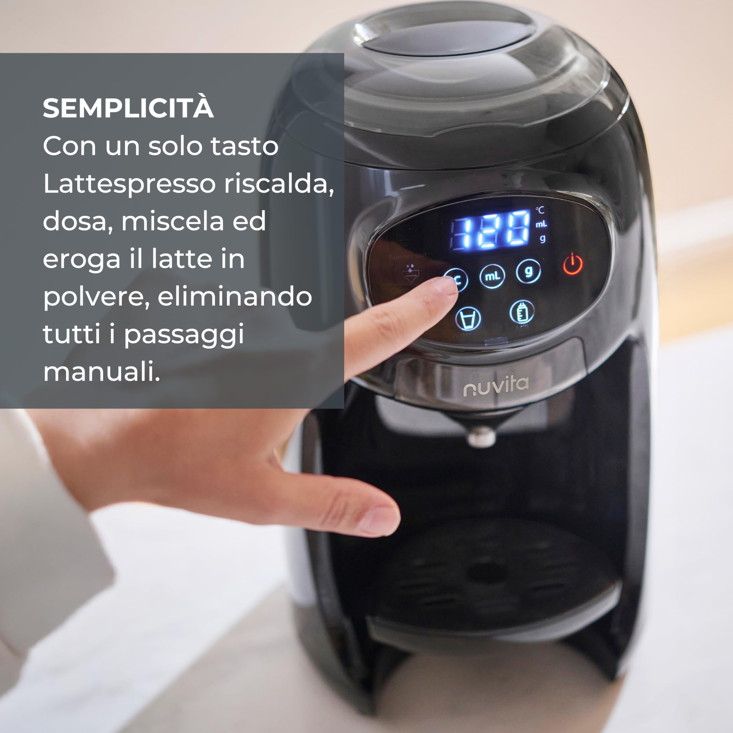 Nuvita 1180 Lattespresso - Preparatore Istantaneo di Latte in Polvere, Dosaggio, Riscaldamento e Miscelazione Precisi, 4 Temperature Selezionabili, Compatibile con la maggior parte dei Brand di Latte