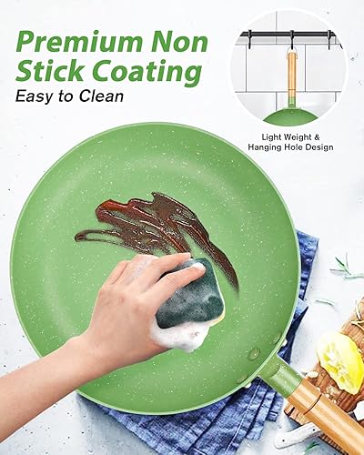 Miniatura 6 de BUNDLEPRO Sartén antiadherente, sartén de revestimiento de granito con mango de madera, utensilios de cocina de aluminio verde compatible con