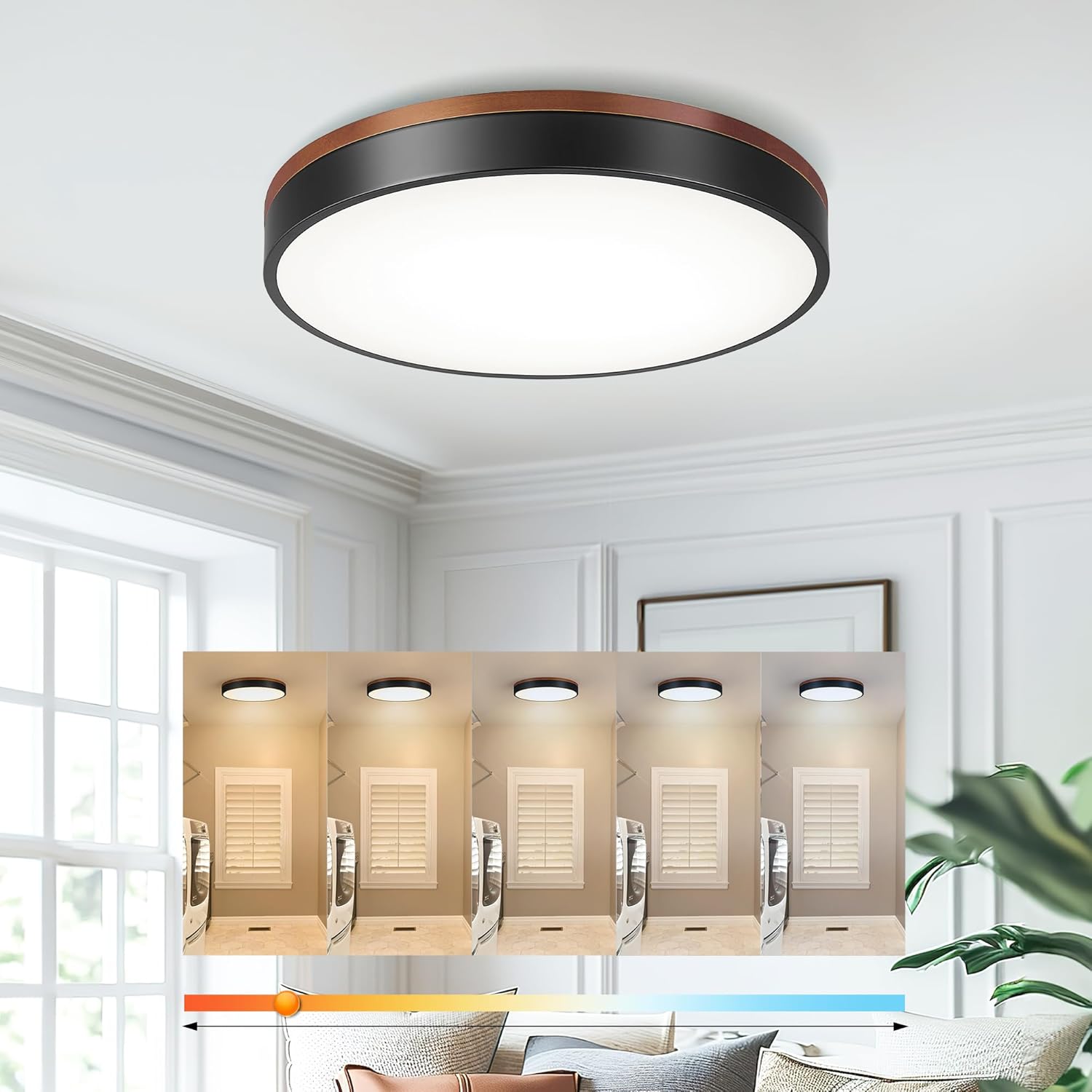 Ken & Ricky 16 Inch Wood Flush Mount Ceiling Light,Modern Led Ceiling Light Fixtures Ceiling Mount, 24W 3000K-6500K Color Dimmable for Bedroom Kitchen Bathroom Hallway 1PK