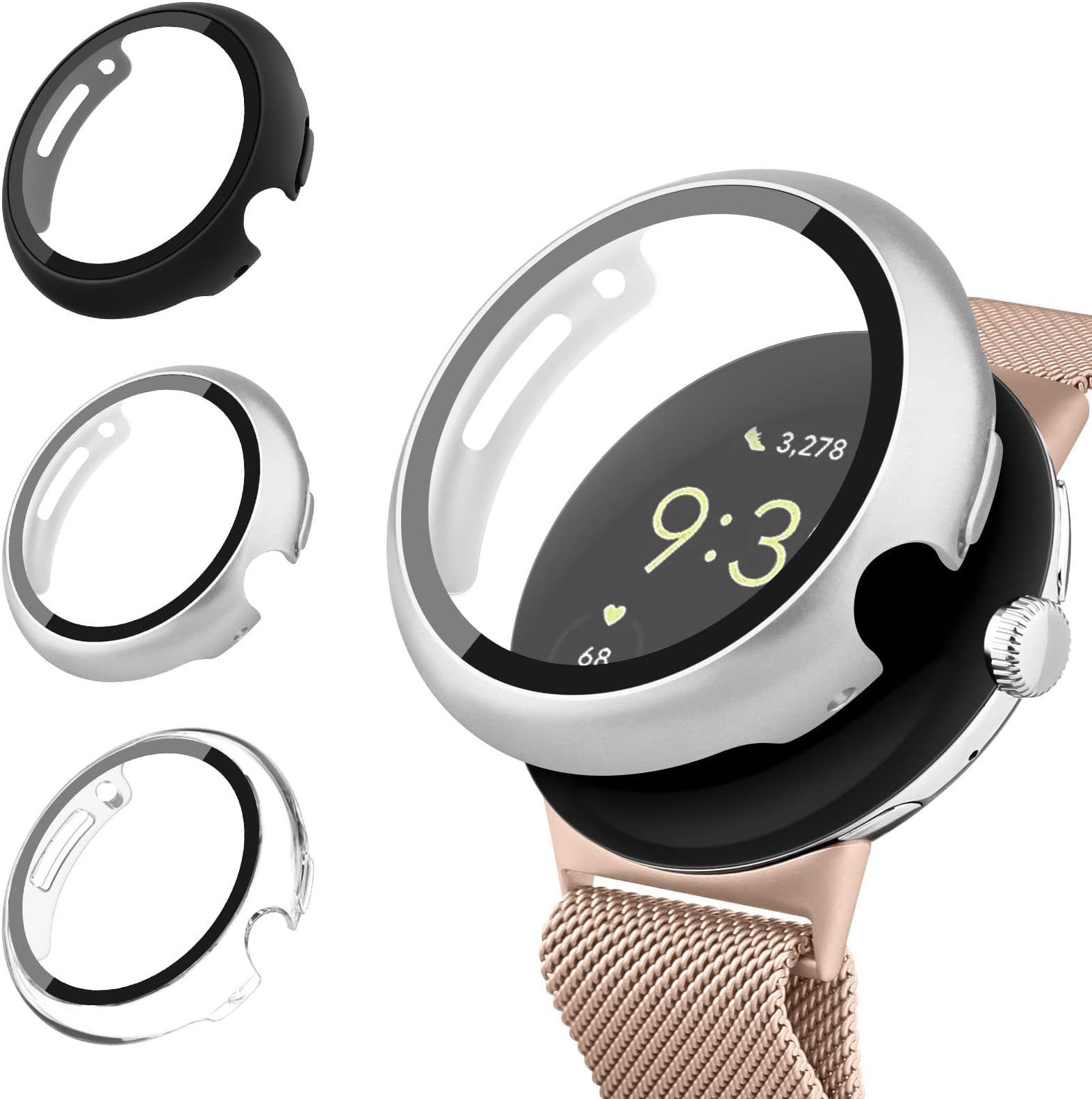 [3 Pack] Cases for Google Pixel Watch/Pixel Watch 2 Screen Protector, [HD Tempered Glass Screen Protector] All-Around Full Coverage Screen Bumper Full Sensitive Cover
