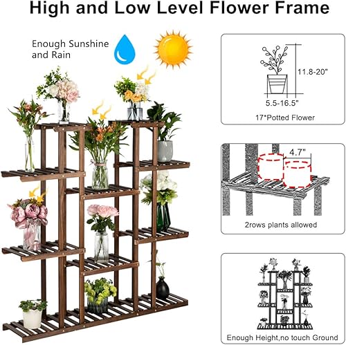 Miniatura 6 de Soporte de madera para plantas para interiores y exteriores, múltiples capas, estante para macetas, estante superior e inferior, estantería en