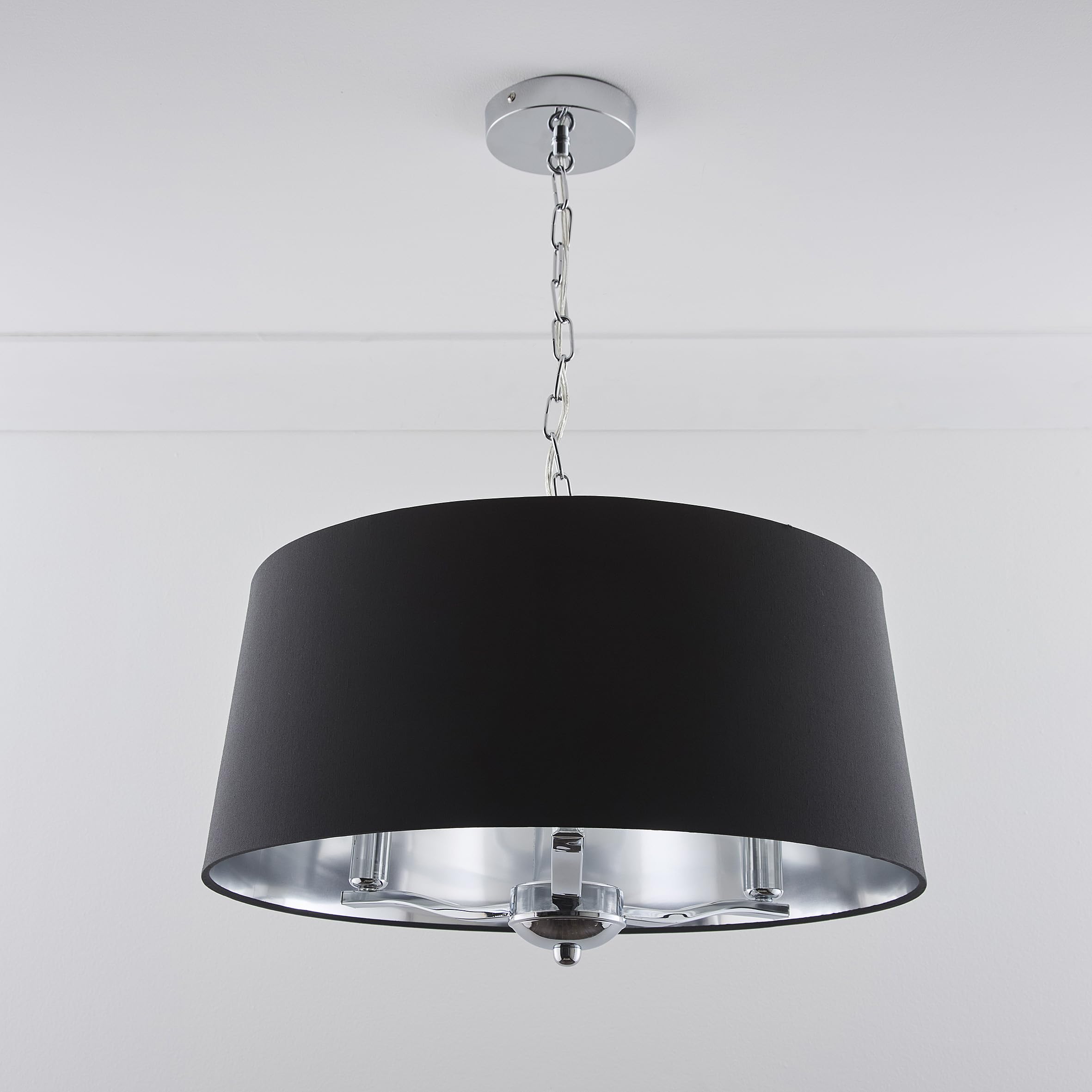 Kliving Giovanna 3 Light Black Drum Shade Chrome Chandelier - Silver Finish - Dimmable - Sloped Ceiling Compatible