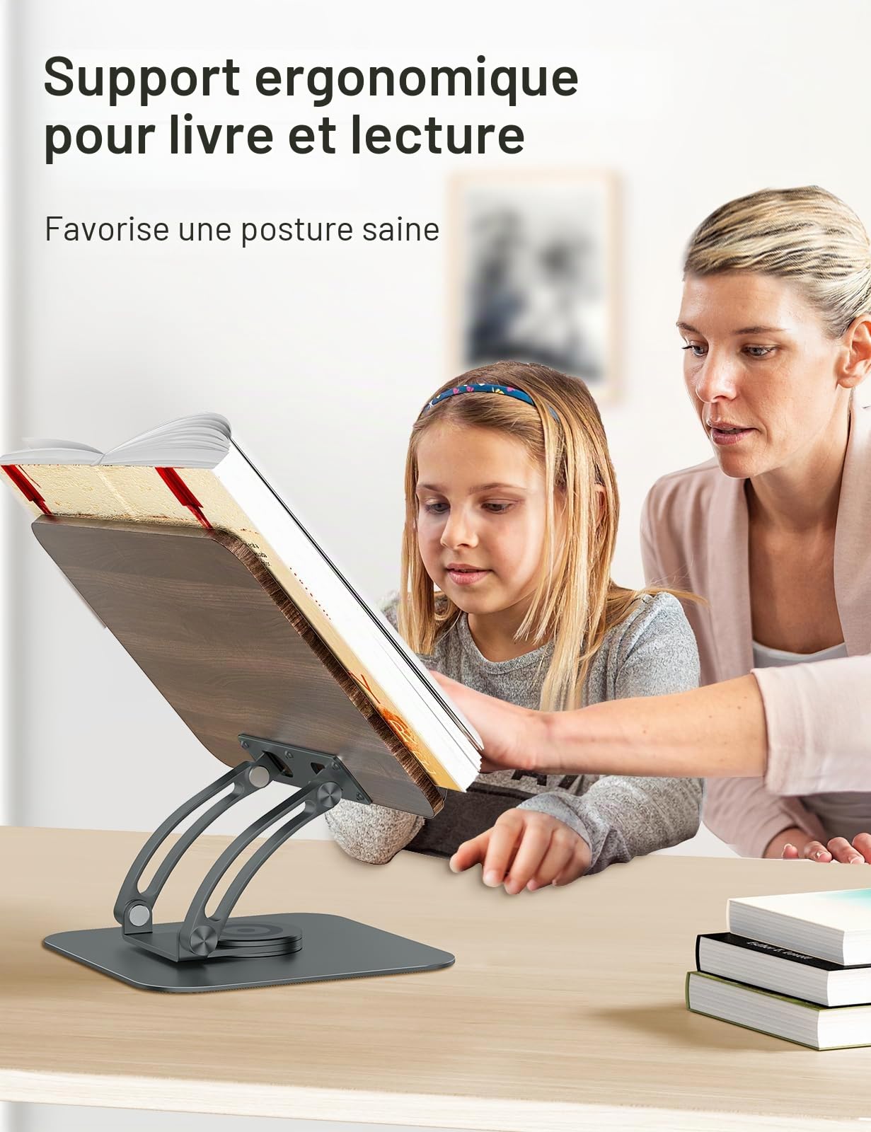 Tounee Support de livre pour la lecture, support de livre réglable avec base pivotante à 360°, support de livre de recettes, support de livre de recettes avec clips élastiques pour pages-Gris