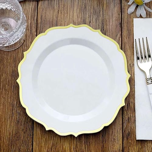 Efavormart - Paquete de 10 platos de ensalada de postre adornados de plástico blanco de 8 pulgadas con sello en caliente y borde festoneado, color