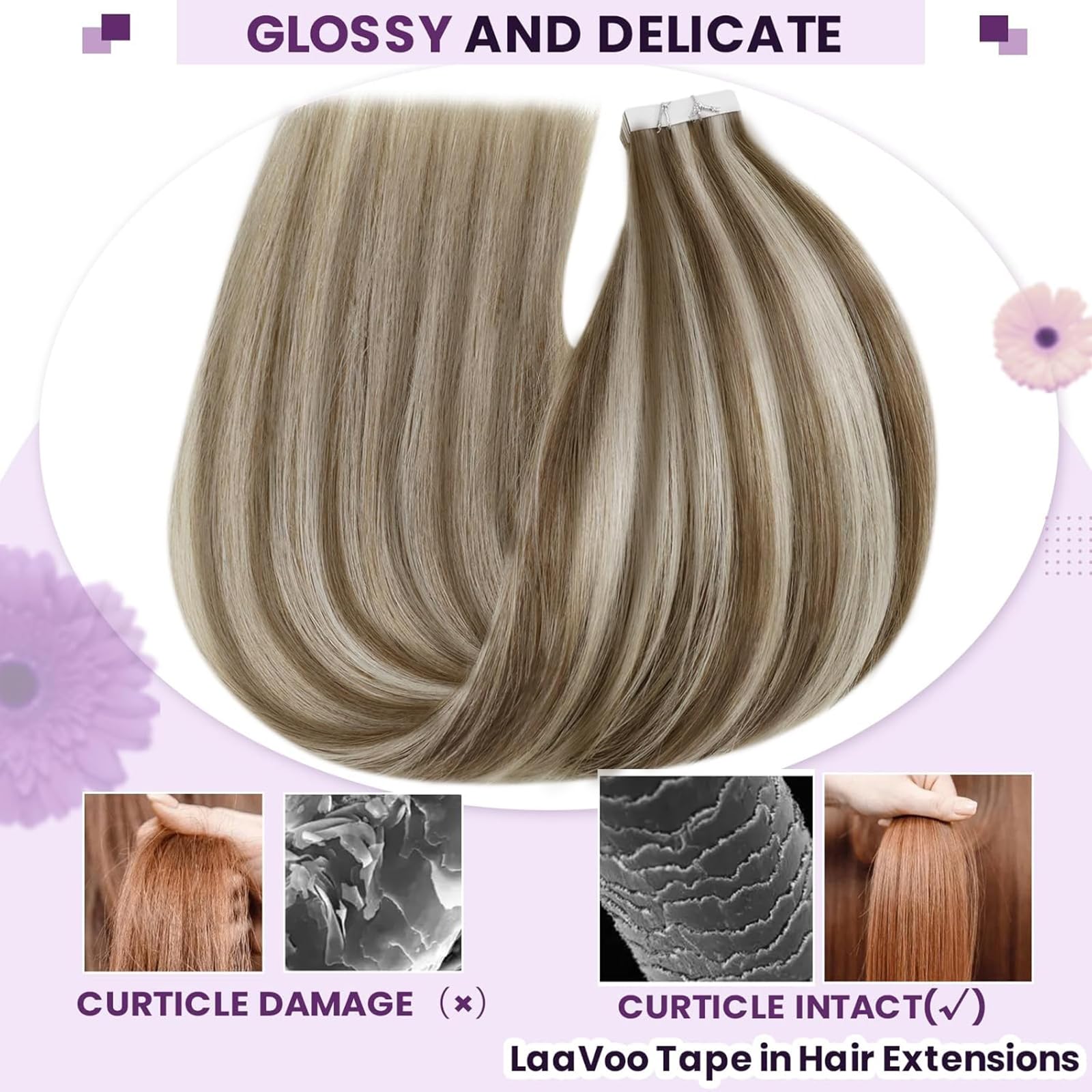 LaaVoo Tape in Hair Extensions Human Hair Blonde Tape Hair Extensions Real Human Hair Invisible Tapes Remy Straight Highlight Light Brown Hair Double Sided Tabs 20pcs 50g 18 Inch #p8/24 - Image 4