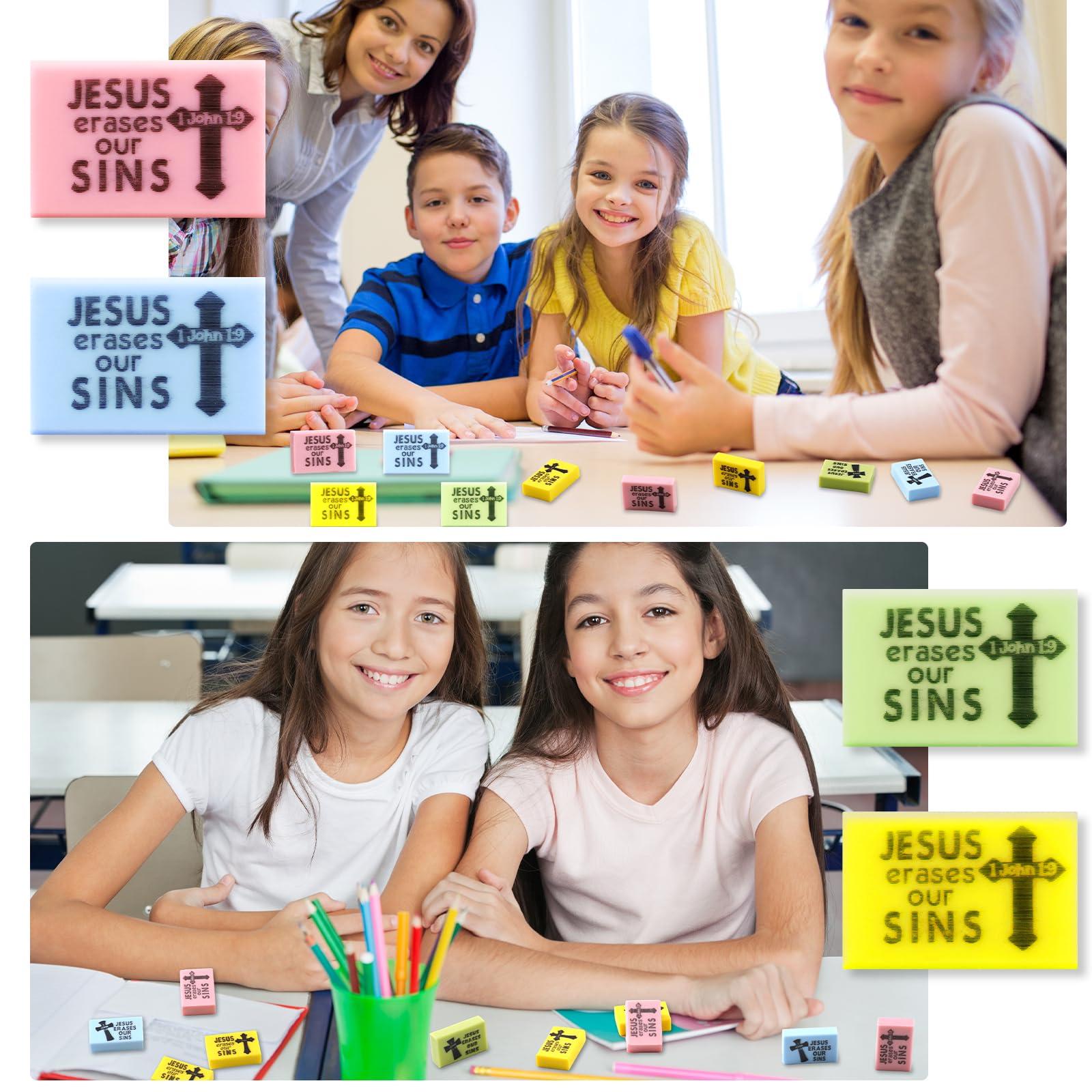 Dunzoom 100 gomas de borrar de Jesús borran nuestros pecados, 1 x 0.75 x 0.25 pulgadas, mini borrador cristiano para niños, pequeño borrador de cruz bíblica pastel para papelería de iglesia,