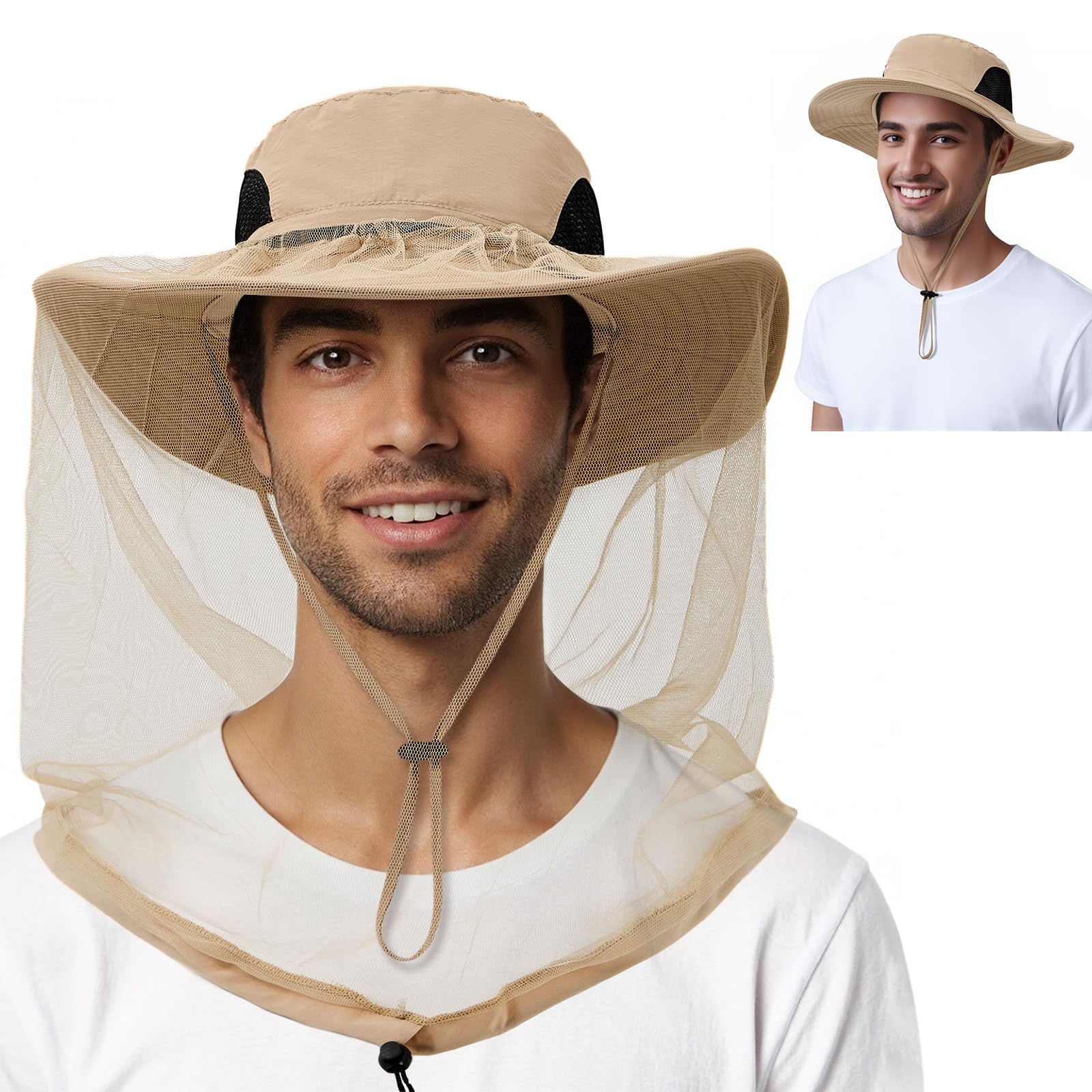 Sombrero de pesca con mosquitero oculto, red de insectos, sombreros de guarda de abejas con velo para hombres y mujeres, Caqui, Talla única