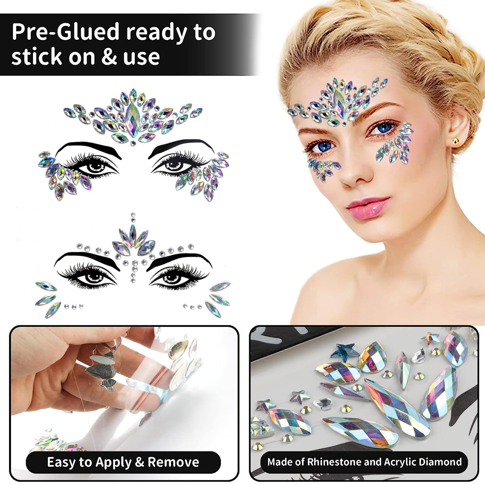 5 Fogli Di Pietre Glitterate Per Il Viso, Autoadesive, Strass Per Trucco, Tatuaggio Temporaneo Per Feste, Carnevale, Halloween, Make Up