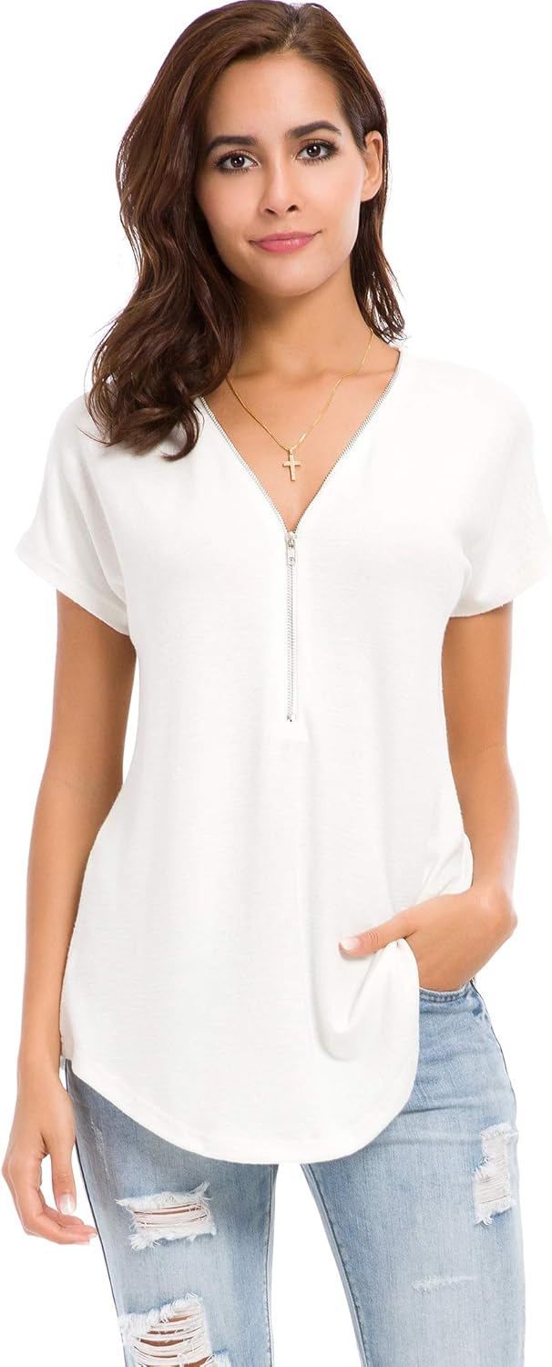 LUSMAY Women's Casual Zipper V Neck Short Sleeve Tunic Tops Loose Fitting T Shirts Blouse - Image 2
