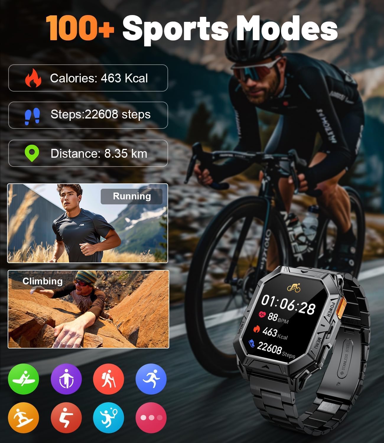 LIGE FV12-H Smart Watch showcasing over 100 sports modes, including running and climbing.