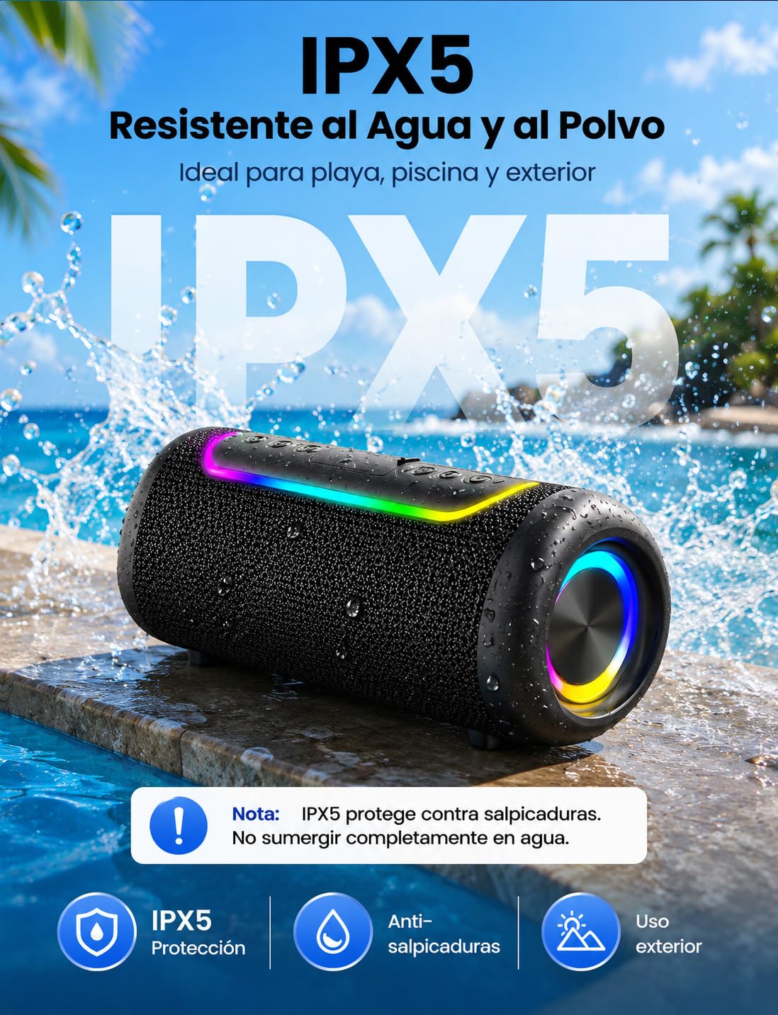 UOHHBOE Altavoz Bluetooth Portátil 30W, Sonido 360° y Graves Potentes | Bluetooth 5.4, Batería Hasta 30H, IPX5 Resistente al Agua, TWS Estéreo y Luces RGB para Fiestas, Playa y Camping