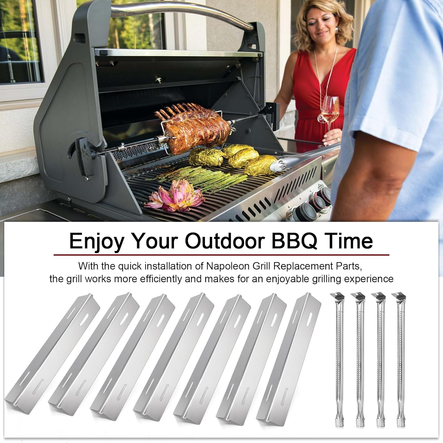 Hiorucet Grill Replacement Part for Naploeon Grill Rogue Series and Prestige 500, Stainless Steel Heat Plate and Burner for Napoleon Gas Grill Parts P500RSIBPK-3, P500RSIBPSS-3, Prestige 500, BIP500RB