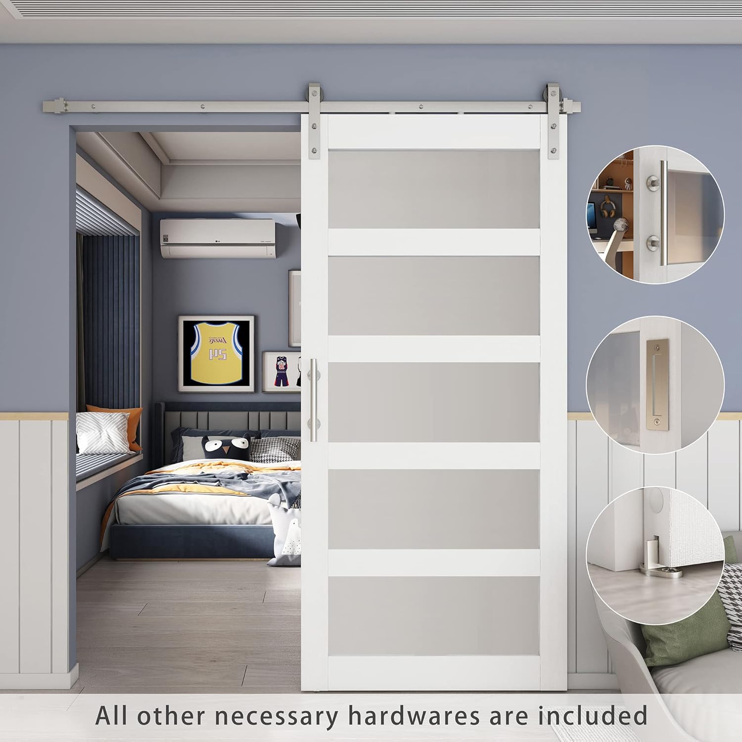 BARNSMITH 36in x 84in 5-Panel Glass Barn Door with 6.6FT Brushed Nickle Sliding Door Hardware Included & Handle, Frosted Glass Solid Wood Water-Proof PVC Surface,Pre-Drilled Easy Assembly,White